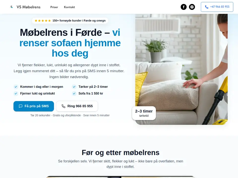 VS Møbelrens – nettside for møbelrens hjemme hos kunden, laget av Lando (skjermbilde av forsiden)